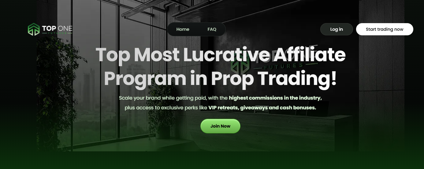 Top One Futures Affiliate Program dashboard showing commission growth chart