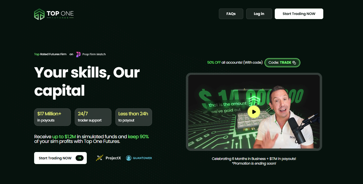Top One Futures platform dashboard interface showing market data.